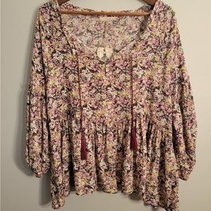 Easel Floral Flowy Boho Peasant Blouse w/ Tassels Womens Size S NWT